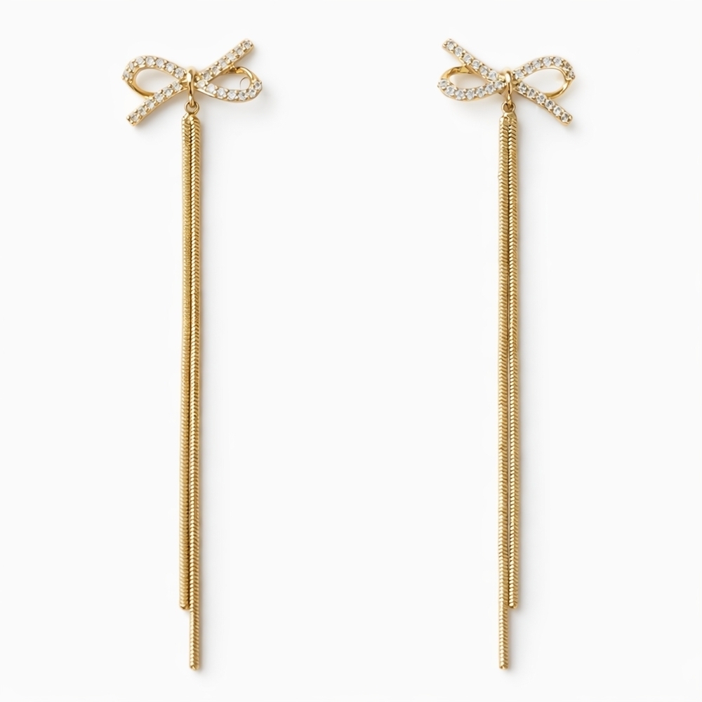 Gold Bow Rhinestone Tassel Earrings Long Dangle Chain Elegant Statement Jewelry